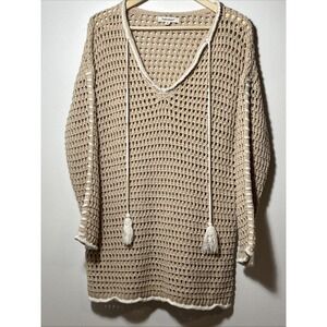 Francesca's‎ Janet Crochet Tie Front Long Sleeve Cover Up Dress Taupe M